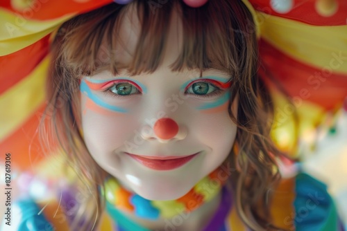 A young girl with green eyes and painted on her face is wearing a clown costume and a colorful hat. She is smiling and looking at the camera