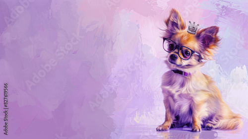 Cute Chihuahua wearing glasses and a crown, set against a purple background. Adorable and whimsical pet portrait. photo