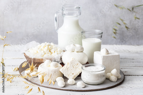 Fresh dairy products (milk, kefir, feta, cottage cheese, Mozzarella).Symbols of jewish holiday - Shavuot	