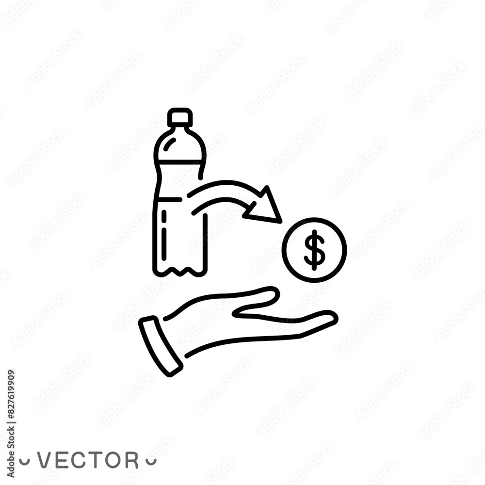 money back on plastic in hand, deposit bottle icon, change money, thin line symbol isolated on white background, editable stroke eps 10 vector illustration money back on plastic in hand, deposit bottle icon, change money, thin line symbol isolated on white background, editable stroke eps 10 vector illustration