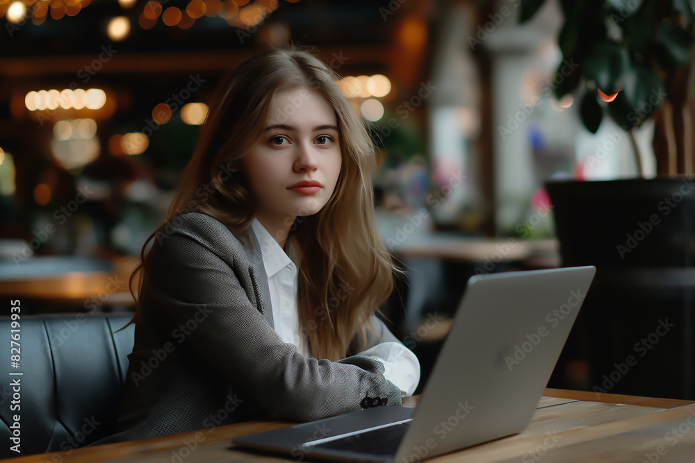 Beautiful girl in a business suit and white shirt sitting at a table with a computer, natural image Beautiful girl in a business suit and white shirt sitting at a table with a computer, natural image