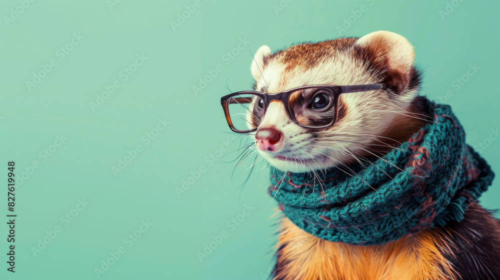 Cute ferret wearing glasses and a scarf, posing against a colorful background. Adorable and funny animal portrait for various uses.