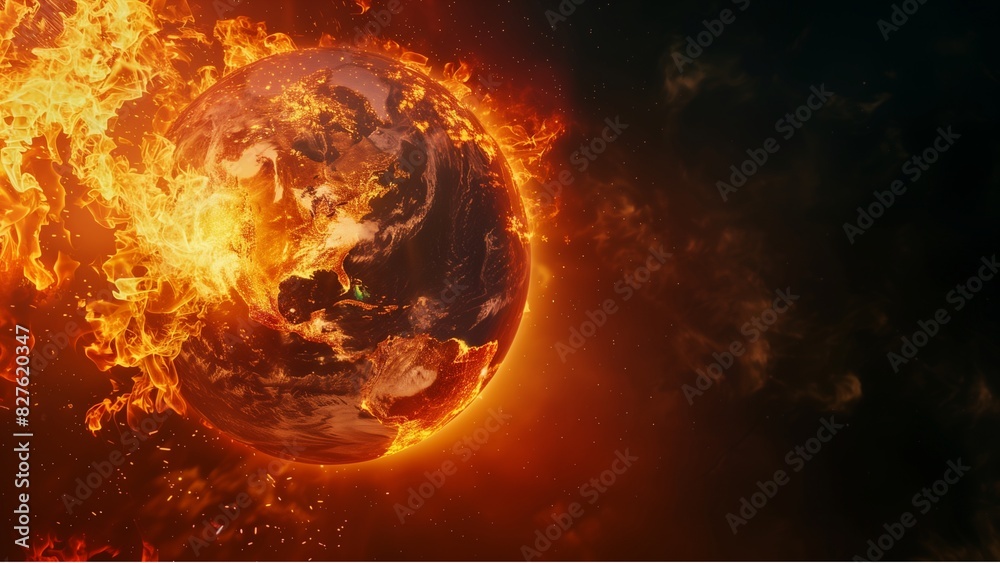 Fototapeta premium a realistic depiction of the Earth engulfed in flames. The fire is concentrated on one hemisphere of the planet, giving the impression that it is being consumed by fire