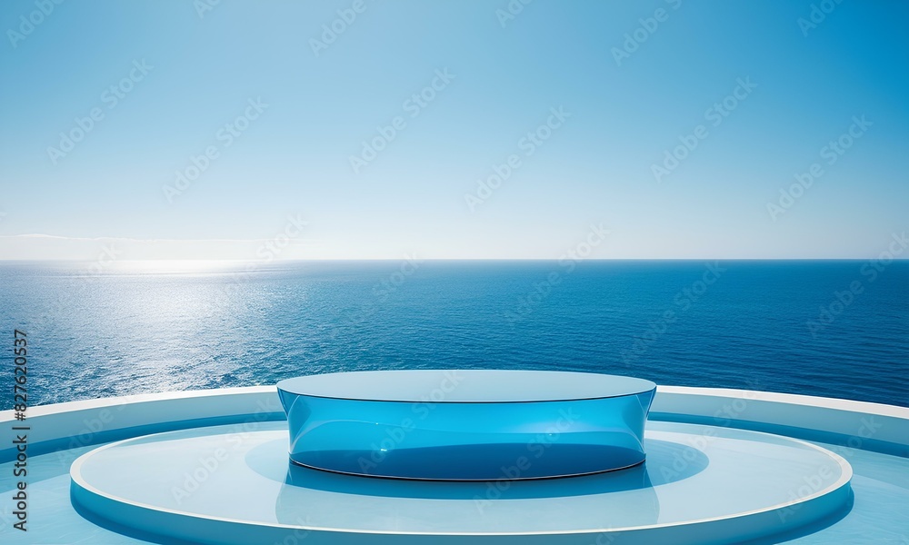 Ocean and Sky Backdrop with Blue Glass Product Podium
