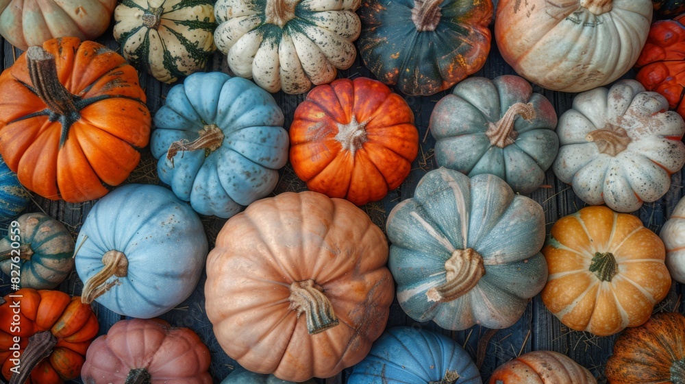 Close-up View of Colorful Pumpkins with Various Shapes and Textures in Rustic Autumn Market