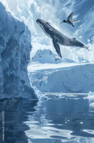 Captivating cinematic scene of a glacier calving with a blue whale and hummingbird in synchronous motion, contrasting enormity and delicacy , ultra HD, super-detailed, professional color grading © Sattawat