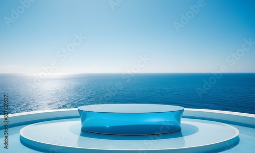 Ocean and Sky Backdrop with Blue Glass Product Podium 