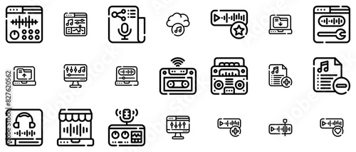 Mega Set Of Vector Audio Edition Outline Isolated Silhouette Solid Icons With File,Sound,Audio,Music,Sound-Wave Stroke Icon Collection. Vector Illustration