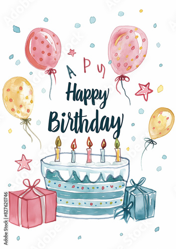 Happy Birthday with a cake candles, balloons and gifts. simple doodle style. minimalist greeting card design. Isolated white background