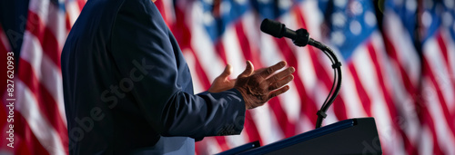 A politician giving a speech in front of a crowd of people with American flags waving in the background photo