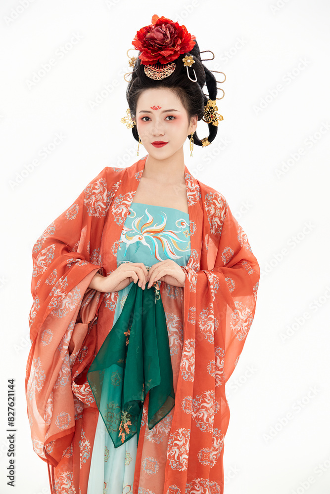 A woman wearing ancient Chinese clothing against a white background. A woman wearing ancient Chinese clothing against a white background.