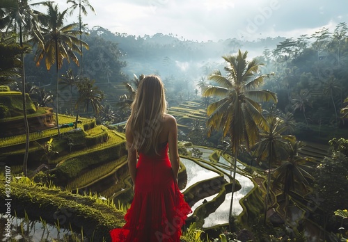 A young woman in a red dress admires the stunning Tegalalang rice terrace in Bali, Indonesia. photo