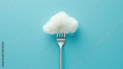 A fork with a cloud of cotton on it. The cloud is white and fluffy. The fork is silver and is pointing up © vefimov