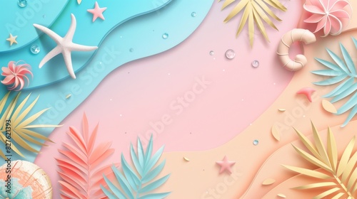A beach scene with a pink and blue background and a green © Sunijsa