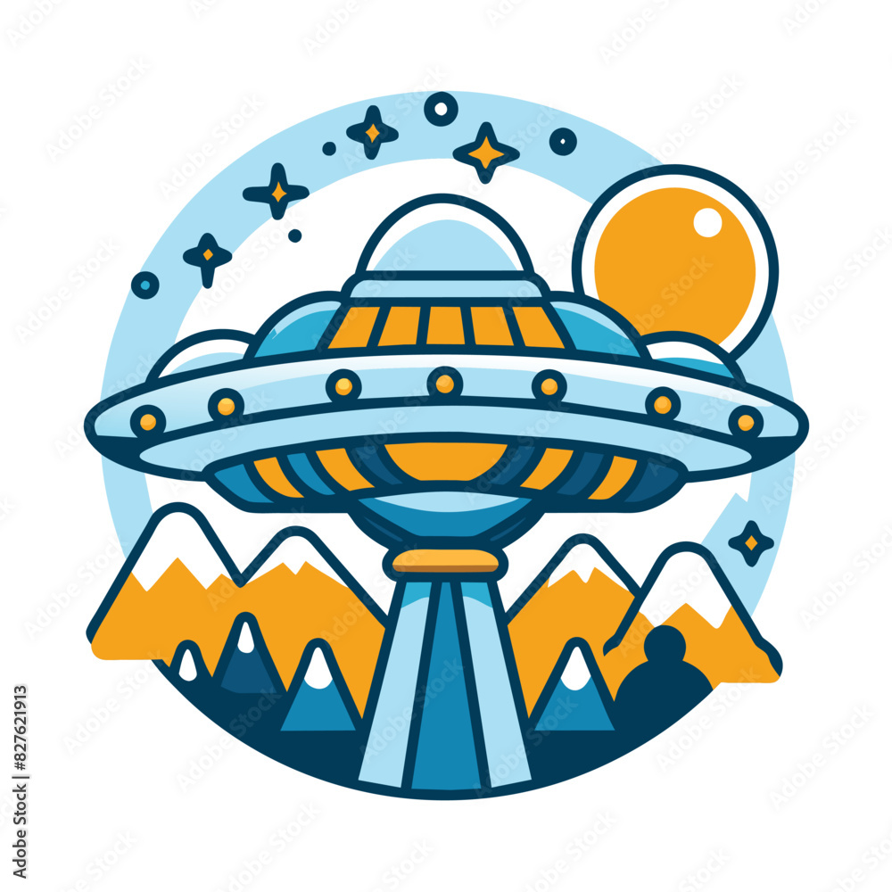 Cartoon Illustration of a UFO Flying Over Mountains Cartoon Illustration of a UFO Flying Over Mountains