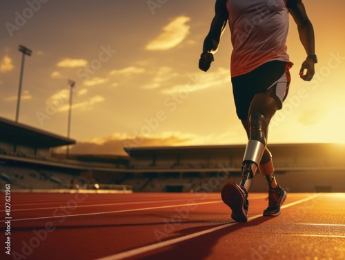 A man with a prosthetic leg runs on a track. The sky is orange and the sun is setting