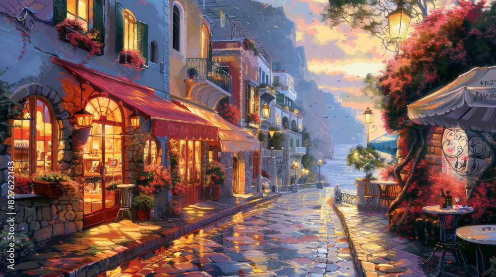 Fototapeta premium A picturesque European street at sunset, featuring cozy cafes, warm lights, cobblestone pathways, and vibrant flower arrangements creating a romantic ambiance. Charming European Street at Sunset
