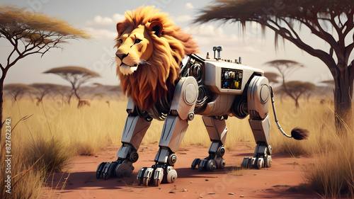 Robot lion in the savannah safari, Generative AI
