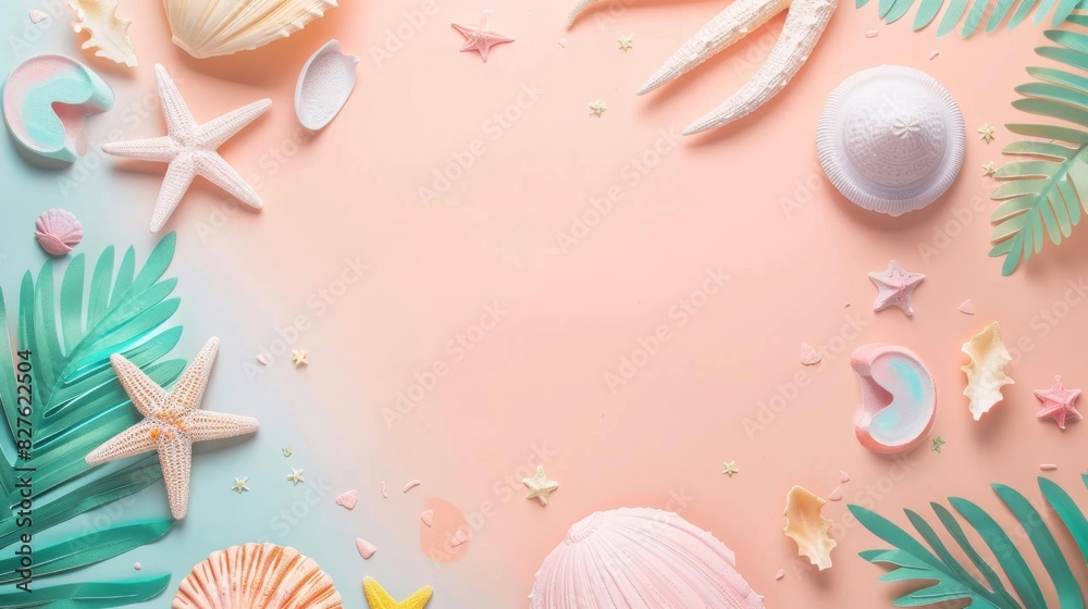 A colorful background with a variety of seashells and starfish A colorful background with a variety of seashells and starfish