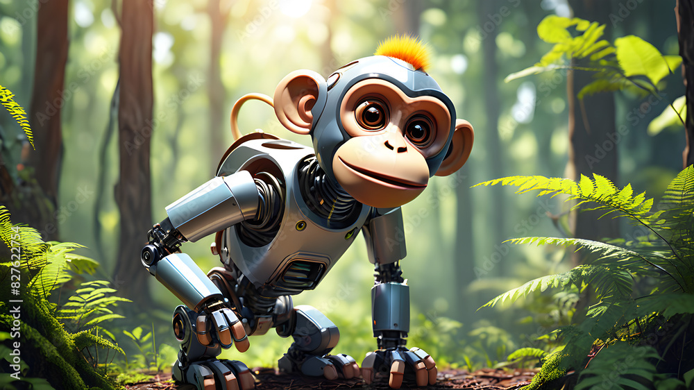 Robot monkey in the forest, Generative AI Robot monkey in the forest, Generative AI
