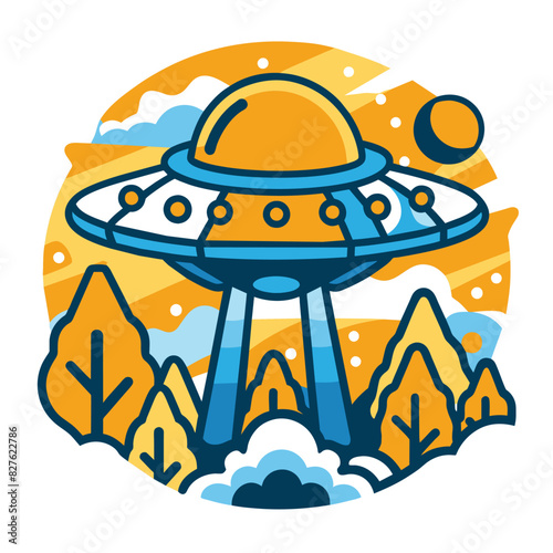 A blue and yellow cartoon UFO hovering over a stylized forest