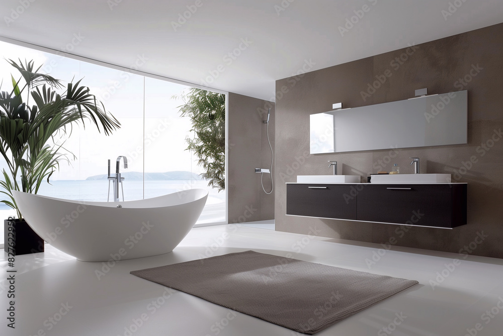 Modern minimalist bathroom interior, modern bathroom cabinet, white sink, wooden vanity, interior plants, bathroom accessories, bathtub and shower Modern minimalist bathroom interior, modern bathroom cabinet, white sink, wooden vanity, interior plants, bathroom accessories, bathtub and shower