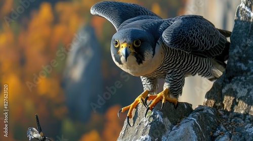 A falcon is perched on a rock, looking down at the ground. Concept of freedom and power, as the bird stands tall and confident on the rocky surface