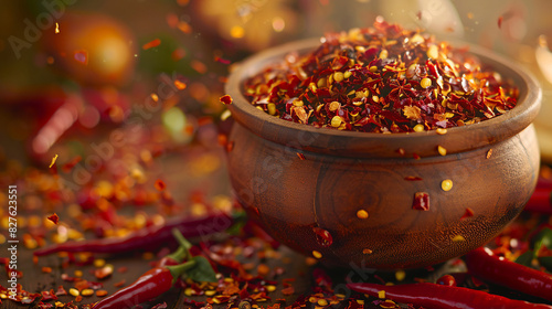 Crushed red Calabrian pepper flakes in a bowl with vibrant composition of whole peppers.