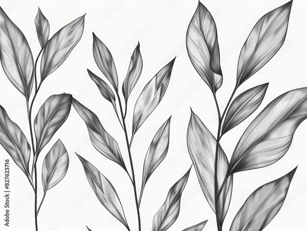 A drawing of leaves with a black and white color scheme. The leaves are drawn in a very detailed manner, with each leaf having its own unique shape and texture