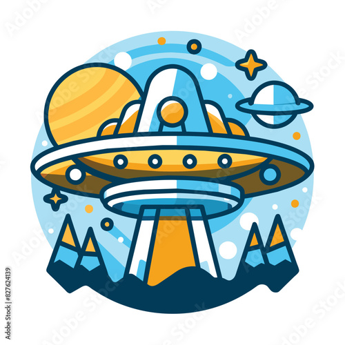 Cartoon UFO Landing on a Planet with Mountains