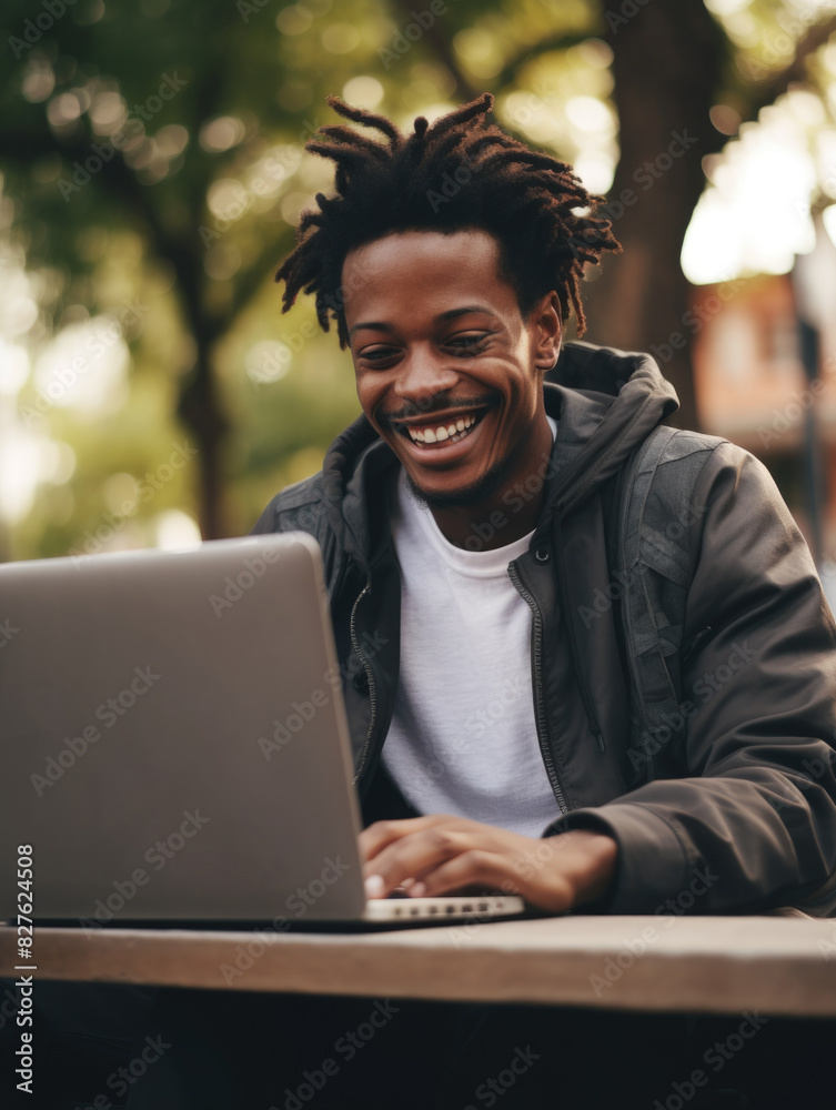 A young man is sitting at a table with a laptop, smiling and typing. Concept of happiness and productivity, as the man is enjoying his work or leisure time A young man is sitting at a table with a laptop, smiling and typing. Concept of happiness and productivity, as the man is enjoying his work or leisure time