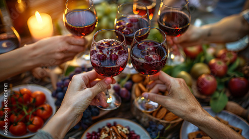 Group of people clinking glasses of red wine at an outdoor picnic surrounded by fruits and snacks. Festive scene of friends toasting red wine in an outdoor setting, with a variety of fruits and snacks