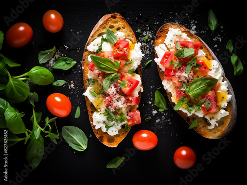 Crusty bruschetta topped with fresh ingredients, showcased against a dark backdrop photo