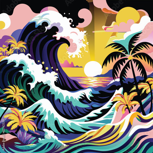 Abstract Illustration of Palm Trees and a Large Wave