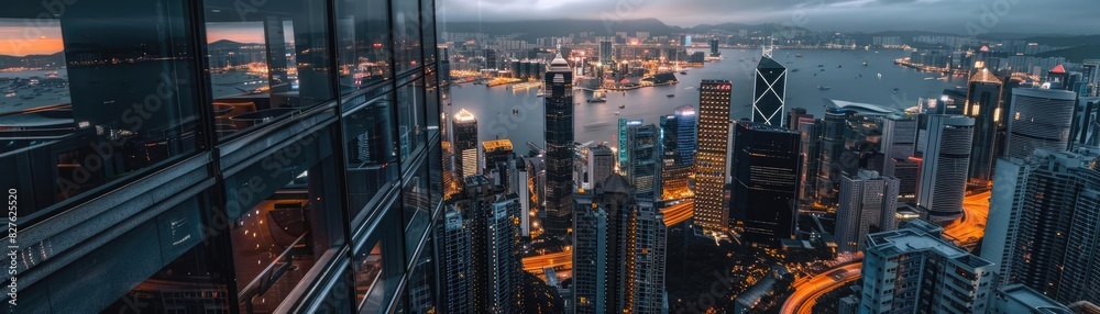 Fototapeta premium Stunning aerial view of a bustling cityscape with skyscrapers, illuminated streets, and a harbor at dusk, showcasing urban beauty and nighttime vibrancy.