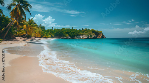 beach with palm trees  A beach with palm trees and a beach in the background