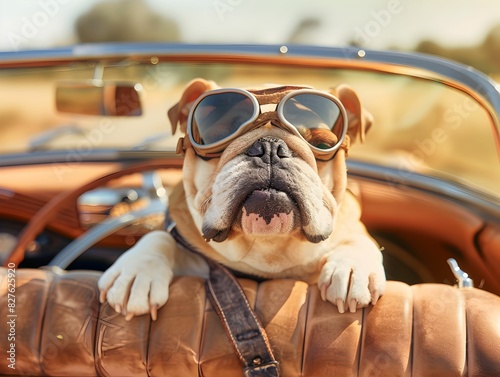 A joyful bulldog wearing vintage goggles enjoying a ride in a convertible car on a sunny day.