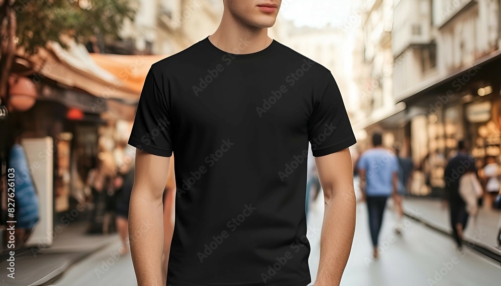 Man Wearing a Classic Black T-Shirt in a Busy Urban Street Man Wearing a Classic Black T-Shirt in a Busy Urban Street