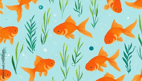 Seamless Pattern Design of Goldfish and Aquatic Plants