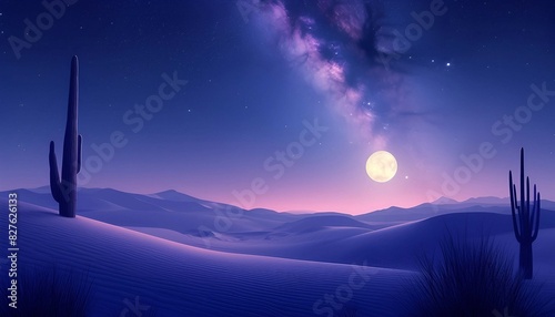 Stunning Nighttime Desert Landscape with Full Moon and Starry Sky, Surreal Illustration photo