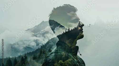 
Double exposure combines a man's face and high snow-capped mountains. Panoramic view. The concept of the unity of nature and man. Dream, reminisce or plan a climb. Memory of a mountaineer photo