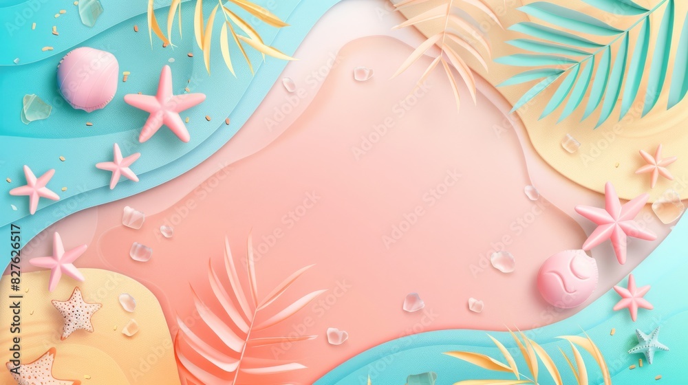 A beach scene with a pink and yellow background and a blue ocean A beach scene with a pink and yellow background and a blue ocean