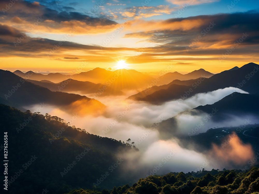 Golden sunrise paints sea clouds above Lenggong mountains