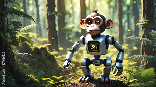 Robot monkey in the forest, Generative AI