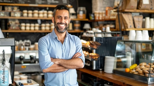 Friendly Businessman Standing In Cozy Coffee Shop With Warm Lighting