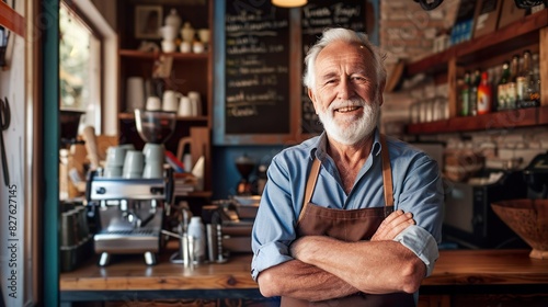 Happy Businessman Standing Proudly In Well-Designed Coffee Shop photo