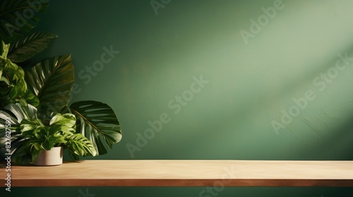 A green wall with a plant on it and a wooden shelf