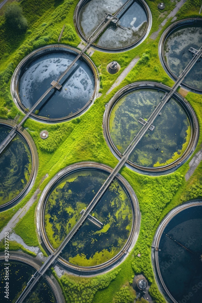 A series of large, circular water tanks are shown in a green field. The tanks are surrounded by grass and appear to be in a rural setting. Concept of tranquility and natural beauty A series of large, circular water tanks are shown in a green field. The tanks are surrounded by grass and appear to be in a rural setting. Concept of tranquility and natural beauty