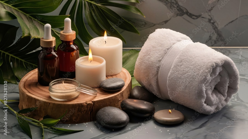Relaxing Spa Still Life with Candles, Towels, and Aromatherapy Elements Relaxing Spa Still Life with Candles, Towels, and Aromatherapy Elements