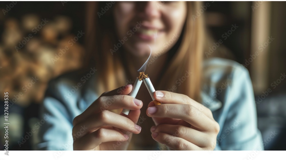 A woman is holding a cigarette in each hand and smiling. Concept of carefree enjoyment and a disregard for the potential health risks associated with smoking A woman is holding a cigarette in each hand and smiling. Concept of carefree enjoyment and a disregard for the potential health risks associated with smoking